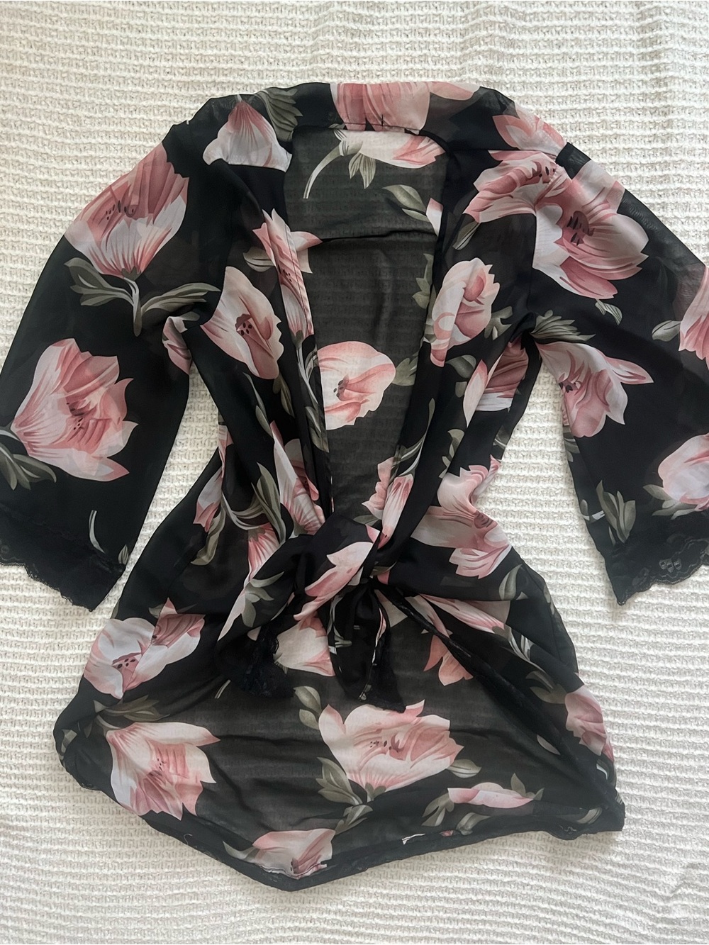 Floral Tie-Front Sheer Kimono - Black with Pink Bloom